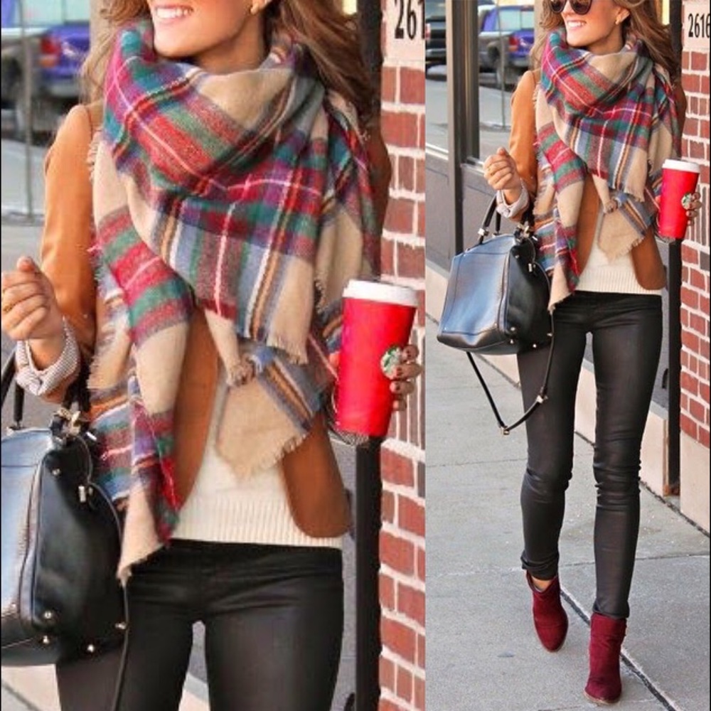 Beige & Red Plaid Oversized Scarf